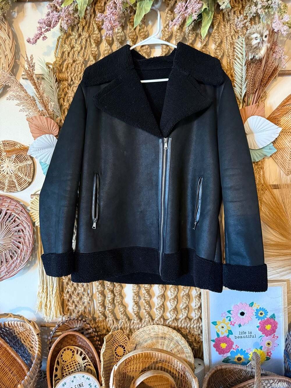 Cortefiel Woman Black Faux Leather and Shearling Moto Jacket